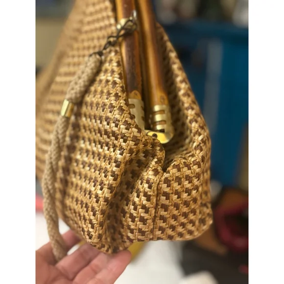 Vintage Delli Beige Brown Woven Bamboo Handle One Size Shoulder Bag - Picture 6 of 11